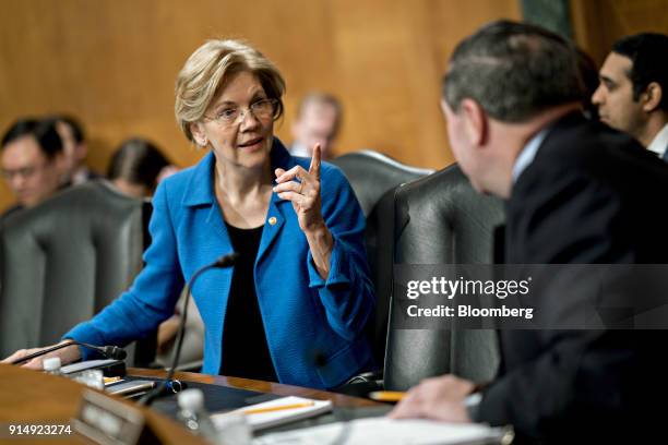 Senator Elizabeth Warren, a Democrat from Massachusetts, speaks to Senator Joe Donnelly, a Democrat from Indiana, right, before the start of a Senate...