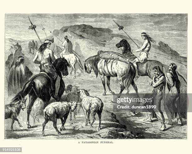 stockillustraties, clipart, cartoons en iconen met inheemse mapuche patagonische begrafenis, 19e eeuw - native americans 1800s