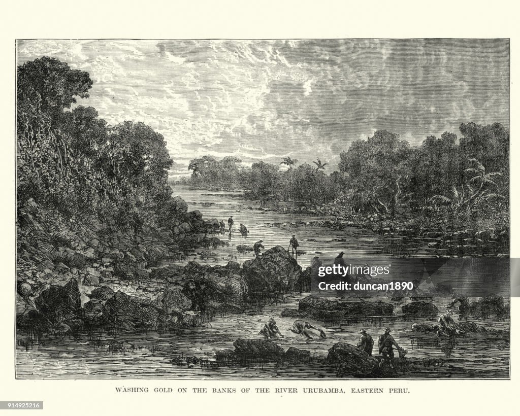 Gold panning on the River Urubamba, Peru, 19th Century