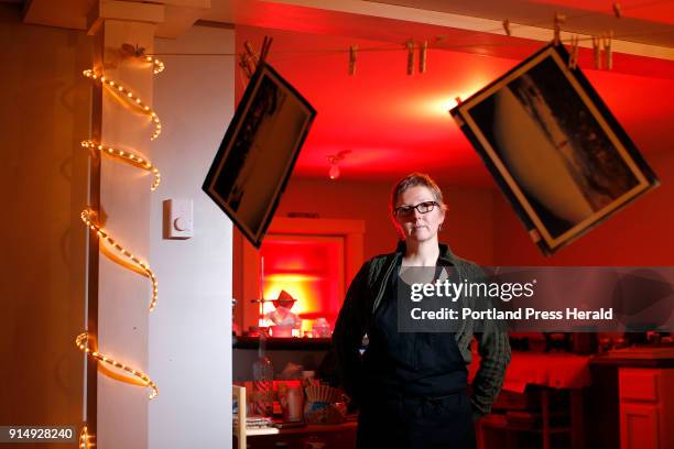 Deanna Witman, a Unity College professor, poses for a portrait within her home dim room. Witman is part of the Portland Museum of Art's Biennial...