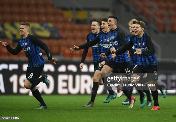 Players of FC Internazionale celebrate at the end of the UEFA Youth League match between FC Internazionale U19 and Spartak Moscow U19 at Stadio...