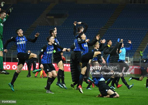 Players of FC Internazionale celebrate at the end of the UEFA Youth League match between FC Internazionale U19 and Spartak Moscow U19 at Stadio...