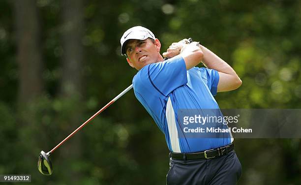 Justin Leonard hits a shot during the final round of the Deutsche Bank Championship at TPC Boston held on September 7, 2009 in Norton, Massachusetts.