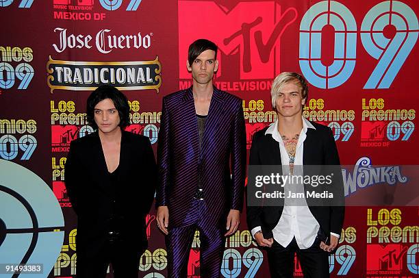 Brian Molko , Stefan Olsdal and Steve Forrest of the music group Placebo arrive at the MTV Latino Awards 2009 at the Racetrack of the Americas on...