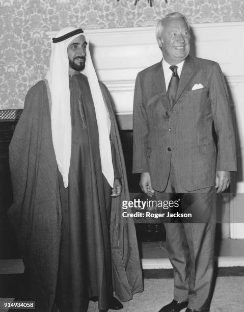 British Prime Minister Edward Heath greets Zayed bin Sultan Al Nahyan , Emir of Abu Dhabi and President of the United Arab Emirates, at 10 Downing...