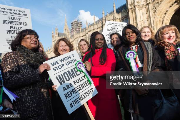 Female Labour politicians including Shadow Home Secretary Diane Abbott Marsha de Cordova and Eleanor Smith gather outside Parliament as the Labour...