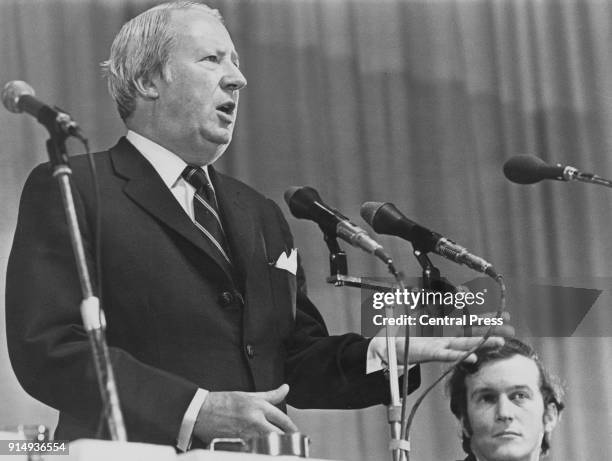 British Prime Minister Edward Heath addresses the National Conference of the Young Conservative Organisation in Bournemouth, UK, 5th February 1973....