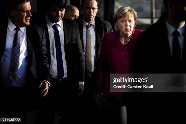 German Chancellor and leader of the Christian Democratic Union Angela Merkel arrives for the coalition negotiations at CDU headquarter for what is...