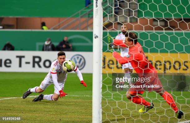 Robert Lewandowski of Muenchen fails to score the opening goal during the DFB Cup quarter final match between SC Paderborn and Bayern Muenchen at...