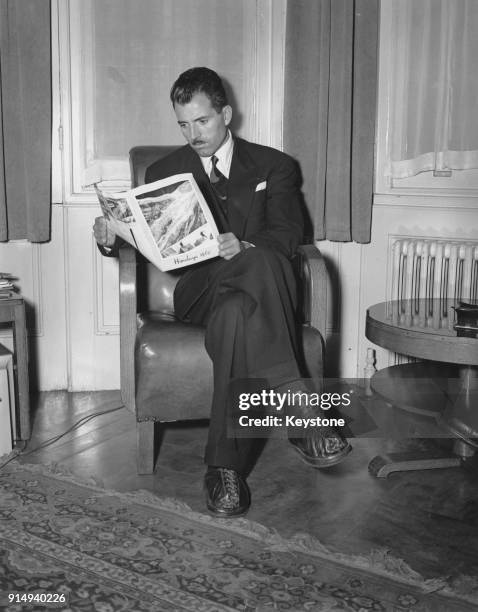 French mountaineer Maurice Herzog whilst in London to give a lecture at the French Institute on his 1950 ascent of Annapurna I in the Himalayas, 15th...