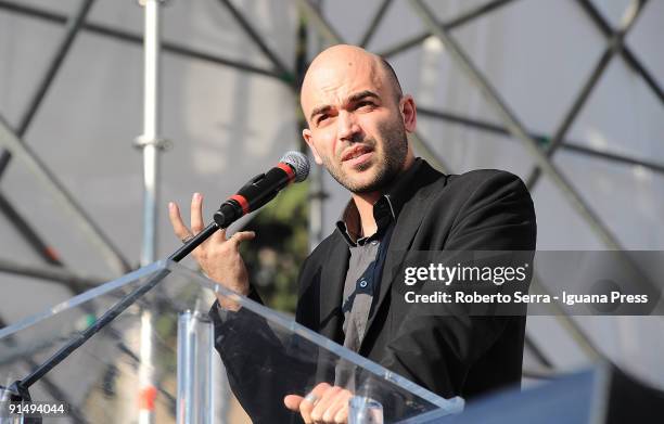 Journalist and author of 'Gomorra' Roberto Saviano speaks at a demonstration to defend freedom of the press in Italy in the Piazza del Popolo on...