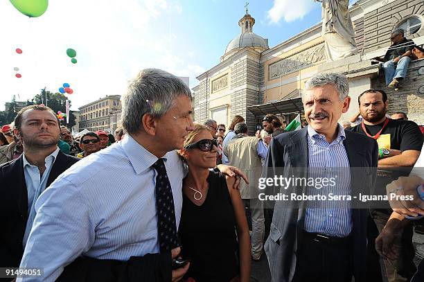 Nichi Vendola, Governor of Apulia talks with MP Massimo D'Alema at a demonstration to defend freedom of the press in Italy in the Piazza del Popolo...