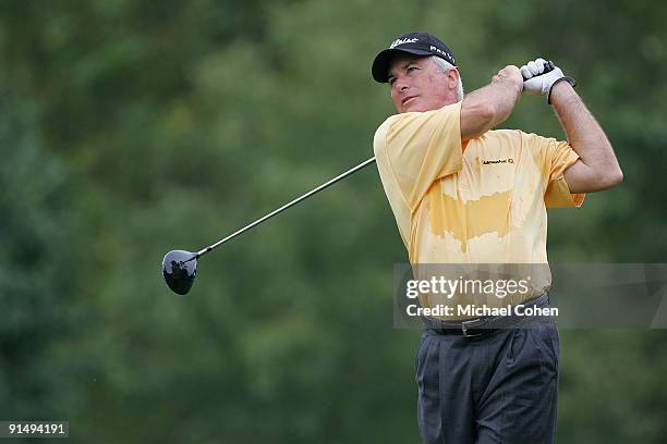 Curtis Strange hits a shot during the first round of the SAS Championship at Prestonwood Country Club held on September 25, 2009 in Cary, North...