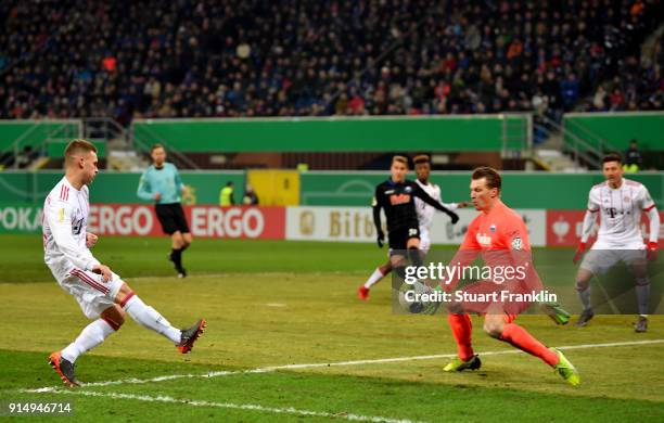 Joshua Kimmich of Muenchen scores the 3rd goal during the DFB Cup quarter final match between SC Paderborn and Bayern Muenchen at Benteler Arena on...