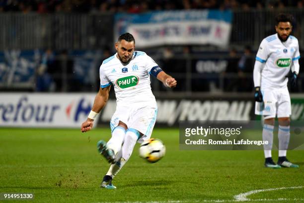 Dimitri Payet of Marseille scores during the French National Cup match between Bourg en Bresse and Marseille on February 6, 2018 in Bourg-en-Bresse,...