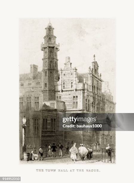 stockillustraties, clipart, cartoons en iconen met stadhuis op de rotterdam, haag, circa 1887 - rotterdam