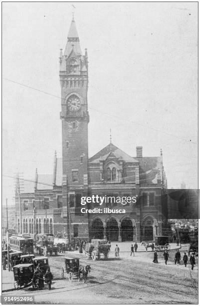 antique photograph of boston, massachusetts, usa: park square and providence station - providence v massachusetts stock illustrations