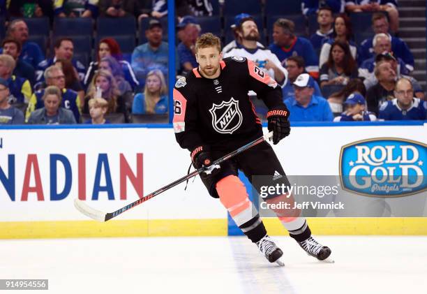 Blake Wheeler of the Winnipeg Jets skates during warm-up prior to the 2018 Honda NHL All-Star Game at Amalie Arena on January 28, 2018 in Tampa,...