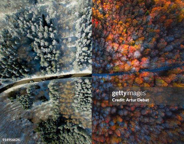 comparison picture taken from drone with half autumn and half winter landscape. - jahreszeit stock-fotos und bilder