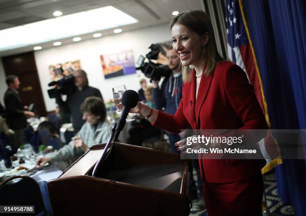 Russian presidential candidate Ksenia Sobchak answers questions during a press conference February 6, 2018 in Washington, DC. Sobchak answered a...