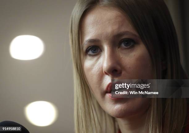 Russian presidential candidate Ksenia Sobchak answers questions during a press conference February 6, 2018 in Washington, DC. Sobchak answered a...