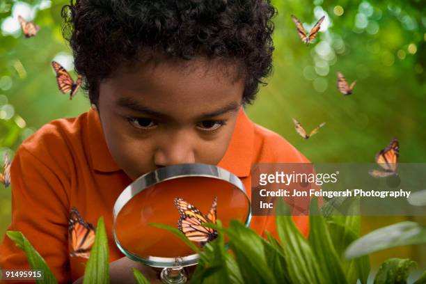 african boy looking at butterflies with magnifying glass - child magnifying glass imagens e fotografias de stock