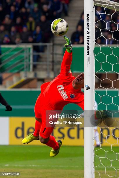 Michael Ratajczak of Paderborn in action during the DFB Cup match between SC Paderborn and Bayern Muenchen at Benteler Arena on February 6, 2018 in...