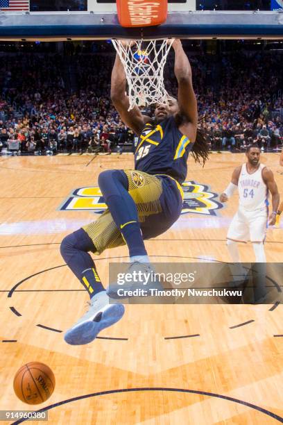 Kenneth Faried of the Denver Nuggets slam dunks the ball against the Oklahoma City Thunder at Pepsi Center on February 1, 2018 in Denver, Colorado....