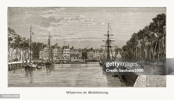 stockillustraties, clipart, cartoons en iconen met kaden of wharf, in middelburg, zeeland, nederland, 1887 - grachtenpand