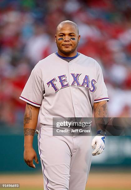 Andruw Jones of the Texas Rangers looks on against the Los Angeles Angels of Anaheim at Angel Stadium on October 1, 2009 in Anaheim, California. The...