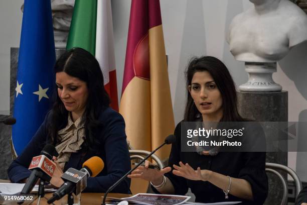 Mayor of Rome Virginia Raggi and Councillor to the City in Movement of Rome Capital, Linda Meleo attend press conference on the tramway project in...