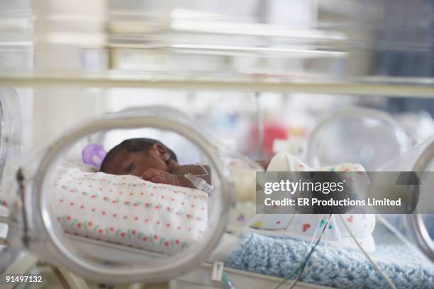 african american baby in hospital incubator - premature baby stock pictures, royalty-free photos & images