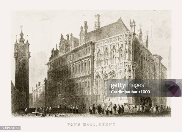 stockillustraties, clipart, cartoons en iconen met stadhuis van gent, gent, circa 1887 - gent belgië