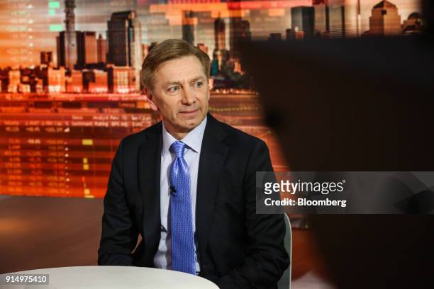 Robert Gamgort, chief executive officer of Keurig Green Mountain Inc., listens during a Bloomberg Television interview in New York, U.S., on Tuesday,...