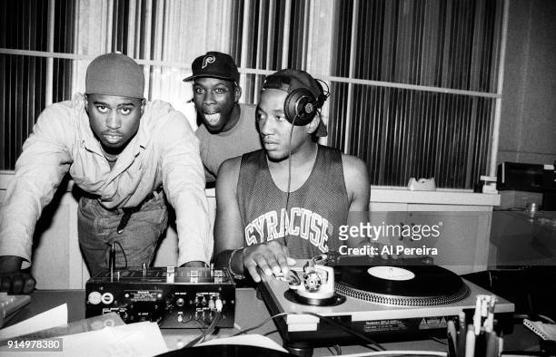 September 10, 1991: Ali Shaheed Muhammad, Phife and Q-Tip of A Tribe Called Quest in the recording studio in New York City on September 10, 1991.