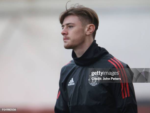 Indy Boonen of Manchester United U19s in action during a training session at Vozdovac Stadium on February 6, 2018 in Belgrade, Serbia.