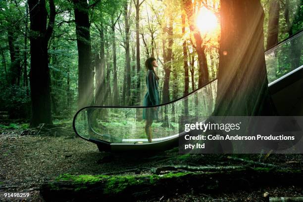 pacific islander businesswoman ascending escalator in forest - progreso conceptos fotografías e imágenes de stock