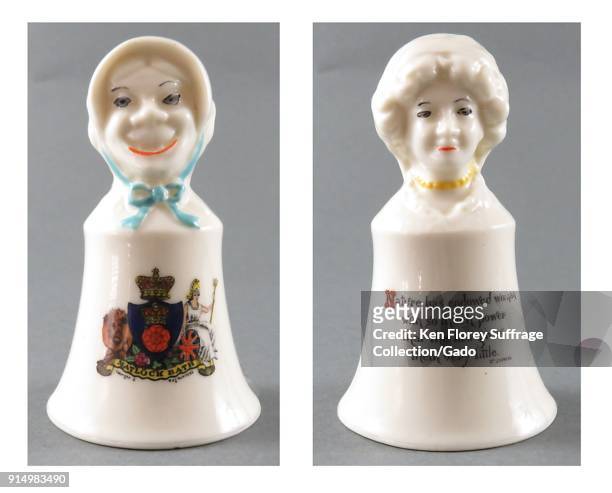 Two-sided china bells, featuring an image of a female suffragist as both harridan and lovely woman, sold as souvenirs in vacation spots in England,...