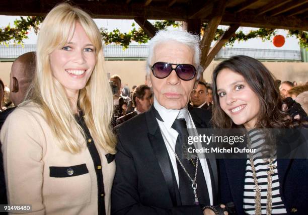 Claudia Schiffer, Karl Lagerfeld and Virginie Ledoyen attend the Chanel Pret a Porter show as part of Paris Womenswear Fashion Week Spring/Summer...