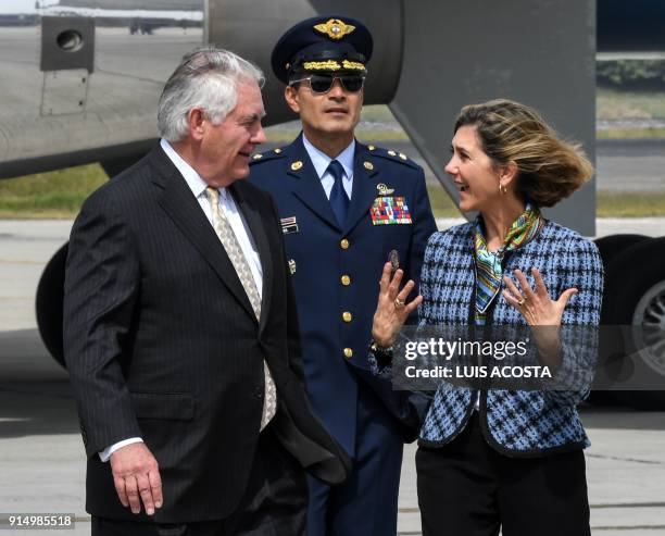 Secretary of State Rex Tillerson and Vice Foreing Minister Patti Londono talk at the Catam Military Airport in Bogota, on February 6, 2018. / AFP...