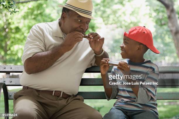 african grandfather and grandson playing harmonicas on park bench - harmonica stock pictures, royalty-free photos & images
