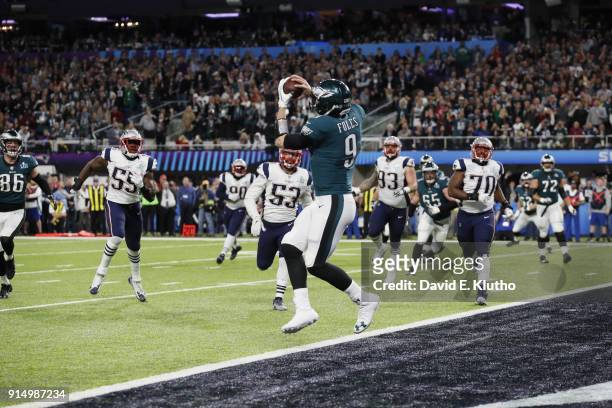 Super Bowl LII: Philadelphia Eagles QB Nick Foles in action, making touchdown catch vs New England Patriots at US Bank Stadium. Sequence....