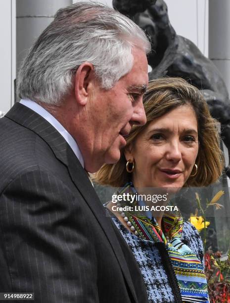 Secretary of State Rex Tillerson and Vice Foreing Minister Patti Londono talk at the Catam Military Airport in Bogota, on February 6, 2018. / AFP...
