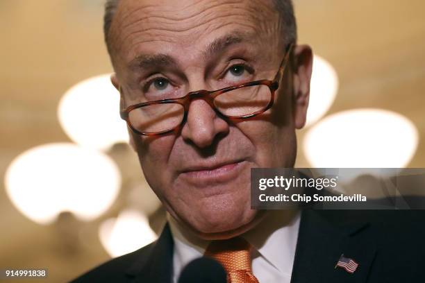 Senate Minority Leader Charles Schumer talks to reporters during a news conference following the weekly policy luncheon at the U.S. Capitol February...