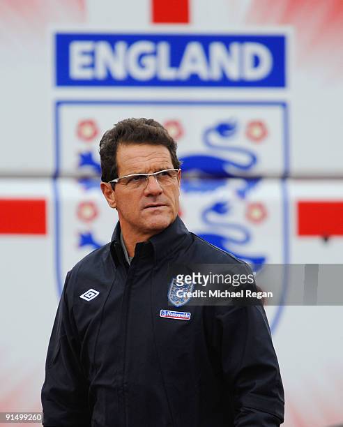 England manager Fabio Capello walks out to the England training session at London Colney on October 6, 2009 in St Albans, England.