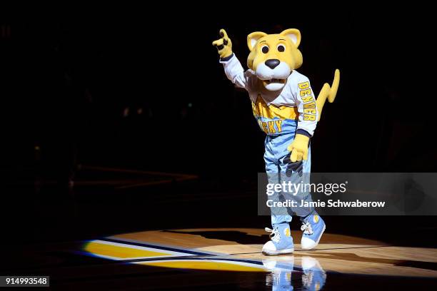 Rocky, the Denver Nuggets mascot performs at Pepsi Center on February 3, 2018 in Denver, Colorado. NOTE TO USER: User expressly acknowledges and...