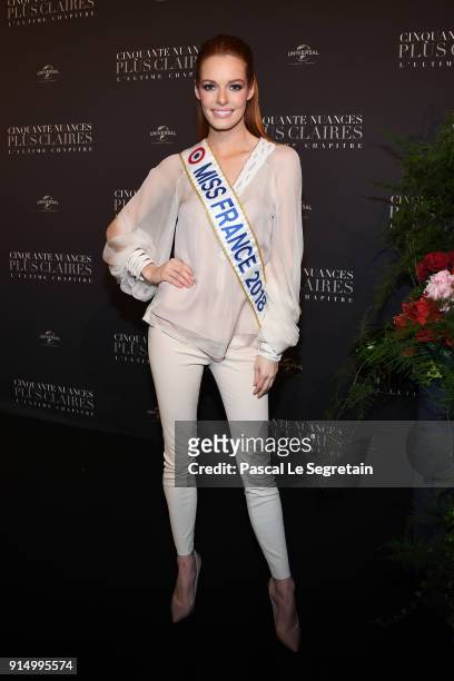 Miss France Maeva Coucke attends "Fifty Shades Freed - 50 Nuances Plus Claires" Premiere at Salle Pleyel on February 6, 2018 in Paris, France.