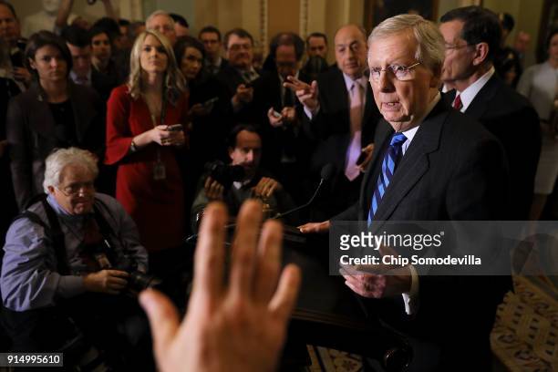 Senate Majority Leader Mitch McConnell talks to reporters following the weekly policy luncheon at the U.S. Capitol February 6, 2018 in Washington,...