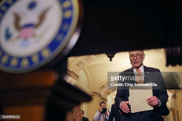 Senate Minority Leader Charles Schumer talks to reporters during a news conference following the weekly policy luncheon at the U.S. Capitol February...