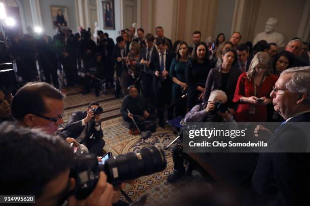 Senate Majority Leader Mitch McConnell talks to reporters following the weekly policy luncheon at the U.S. Capitol February 6, 2018 in Washington,...